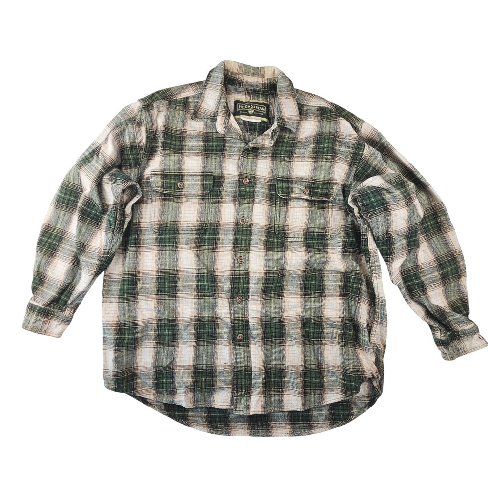 Vintage Field & Stream Mens Green Plaid Flannel Button Down Shirt XL Long Sleeve